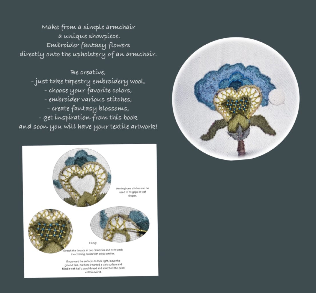 Back of book: Crewel embroidery armchair embroidery 