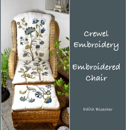 book crewel embroidery, embroidered chair